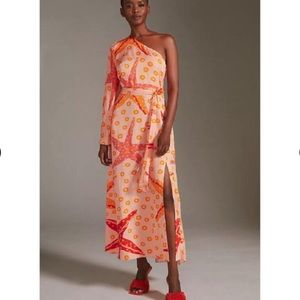 FARM x Anthropologie Starfish Pink, Coral, and Orange one shoulder Dress